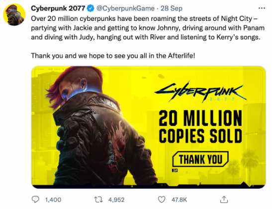 cyberpunk edgerunner copies sold tweet