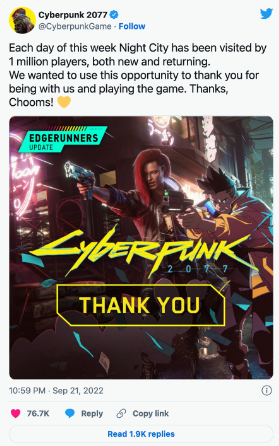 cyberpunk edgerunner thank you tweet