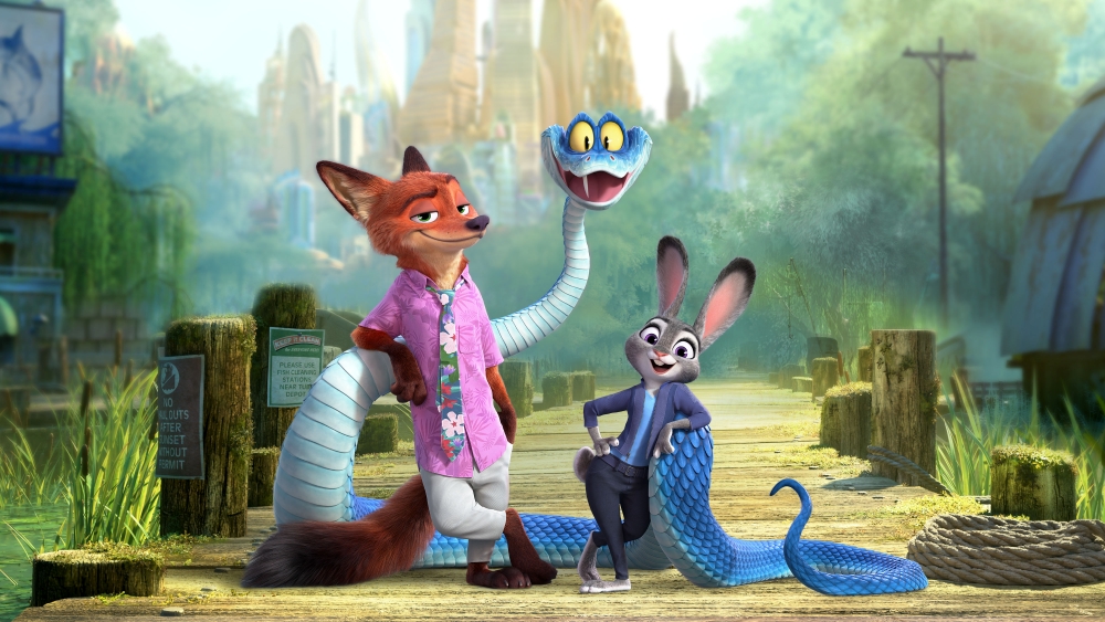 Zootopia 2 animated film characters Nick Wilde, Judy Hopps, and Gary DeSnake